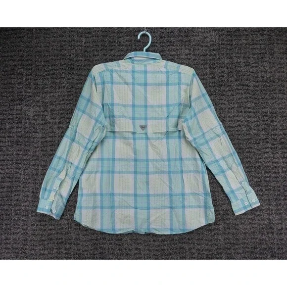 Columbia PFG Shirt Womens Medium White Blue Plaid Super Bahama Fishing Outdoor - Picture 10 of 15